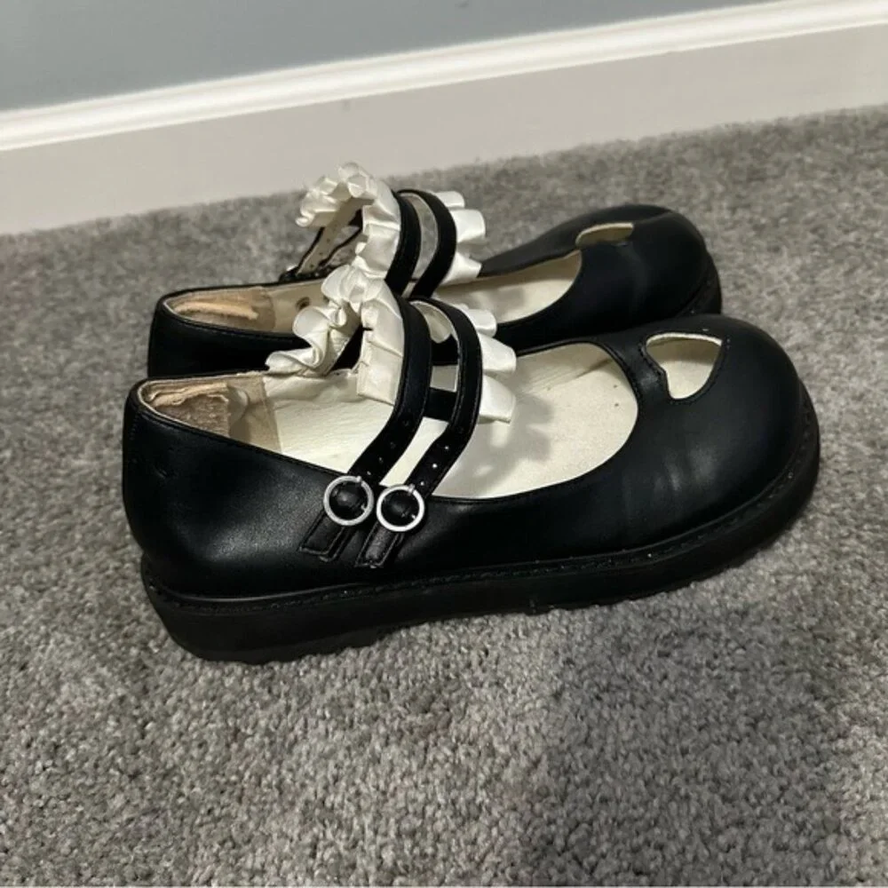 Lorie & Knight Lolita Mary Jane Shoes Black Heart Platform 8.5 Y2K